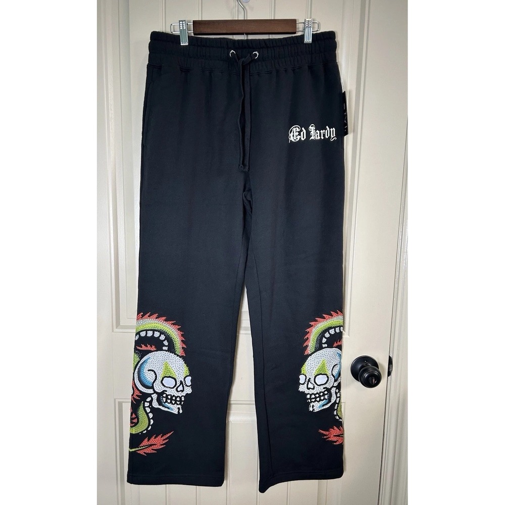 Ed Hardy Men Baggy Sweat Pants M Black Dragon Skulls Rhinestones Streetwear NWT